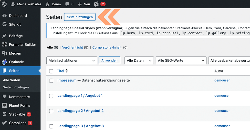 Hinweis Neue Seite anlegen im WP Backend
